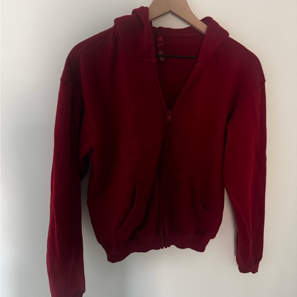 Skims Cotton Fleece Zip Up Hoodie in Brick